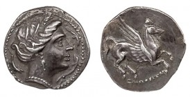 EMPORION. Dracma (218-206 a.C.). A/ Cabeza femenina a der. con peinado acabado en tres rizos de gancho, alrededor tres delfines. R/ Pegaso con cabeza ...