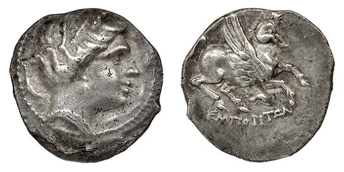 EMPORION. Dracma (218-206 a.C.). A/ Cabeza femenina a der. con peinado acabado e...