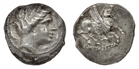 EMPORION. Dracma (218-206 a.C.). A/ Cabeza femenina a der. con peinado acabado en tres rizos de gancho, alrededor tres delfines. R/ Pegaso con la cabe...