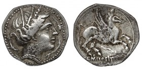 EMPORION. Dracma (218-206 a.C.). A/ Cabeza femenina a der. con el peinado cabado en tres rizos de gancho, alrededor tres delfines. R/ Pegaso a der. co...