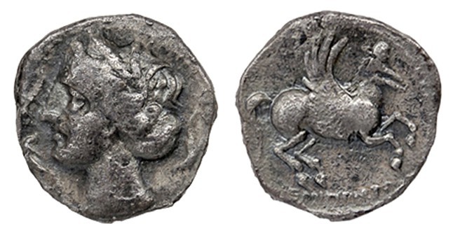 EMPORION. Dracma (218-206 a.C.). A/ Cabeza femenina a izq., alrededor tres delfi...
