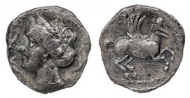 EMPORION. Dracma (218-206 a.C.). A/ Cabeza femenina a izq., alrededor tres delfines. R/ Pegaso con la cabeza modificada a der., debajo ley. griega: EM...