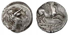 EMPORION. Dracma (principios del s. II a.C.). A/ Cabeza femenina pequeña a der., rodeada por tres delfines esquemáticos. R/ Pegaso con cabeza modifica...