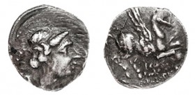 EMPORION. Dracma (principios del s. II a.C.). A/ Cabeza femenina pequeña a der., rodeada de tres delfines poco visibles. R/ Pegaso con cabeza modifica...