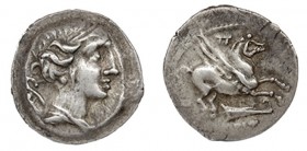 EMPORION. Dracma (principios del s. II a.C.). A/ Cabeza de Diana a der. con carcaj a la espalda, delante dos delfines no visibles. R/ Pegaso con cabez...