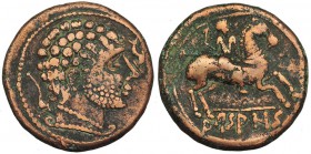 ARSAOS, zona de Navarra. Unidad. A/ Marcas: arado y delfín. R/ Jinete con dardo a der.; ley. ibérica bajo línea: ARSAOS. AE 14,2 g. I-145. CNH-252/2. ...