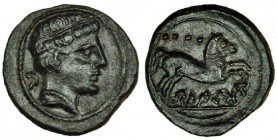BELIKIO, Belchite (Zaragoza). Cuarto. A/ Cabeza masculina diademada a der.; marca letra ibérica: Be. R/ Caballo saltando a der., encima cuatro puntos;...