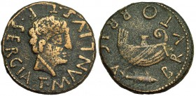 Brutobriga, entre Satarem y Abrantes (Portugal). As. A/ Cabeza masculina a der.; T. MANLIVS T. F. SERGIA. R/ Nave, debajo atún a der.; BRVTOBRIGA. AE ...