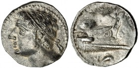 ACUÑACIONES HISPANO-CARTAGINESAS. Shekel (237-209 a.C.). A/ Cabeza diademada masculina a izq. R/ Proa de nave con un escudo; en el exergo: delfín. AR ...