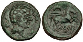 KELSE-CELSA. Semis. R/ Caballo saltando a der.; encima: creciente; KeLSE. AE 6,7 g. I-787. CNH-223/12. Pátina verde oscuro. MBC+. Escasa.