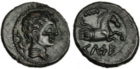 KELSE-CELSA. Cuadrante. A/ Marca: delfín. R/ Protomo de Pegaso a der., encima: cuatro puntos; KeLSE. AE 3,6 g. I-791. CNH-223/15. Pátina rojiza. EBC. ...