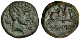 KUELIOKOS, zona Alta del Ebro. Unidad. A/ Cabeza masculina a der., marcas: delfín, letra ibérica Ku y delfín. R/ Jinete con palma a der.; KuELIOKoS. A...