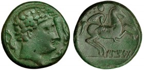 ILTIRTA, Lérida. As. A/ Cabeza masculina a der. entre tres delfines. R/ Jinete con palma y clámide a der.; ILTiRTa. AE 31,8 g. I-1461. CNH-176/7. Boni...