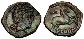 BOLSKAN, Osca (Huesca). Cuarto. A/ Cabeza masculina a der.; marca: letra ibérica O. R/ Caballo saltando a der., encima: tres puntos; BoLSKaN. AE 2,2 g...