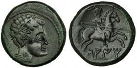 SAITI-SAETABI, Játiva (Valencia). Unidad. A/ Cabeza masculina a der. con diadema, marca: palma. R/ Jinete con lanza a der.; SAITi. AE 16,4 g. I-2100. ...