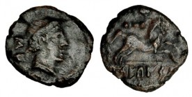 SEKAISA, zona de Aragón. Cuarto. A/ Cabeza masculina a der.; marca: letras ibérica: SE. R/ Caballo saltando a der., encima: tres puntoes: SEKaISA. AE ...