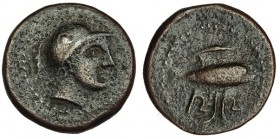 SEXS-SEXI, Almuñécar (Granada). Mitad. A/ Cabeza con casco a der. R/ Atún a der., encima: letra fenicia aleph y debajo inscripción neopúnica: SKS. i-2...