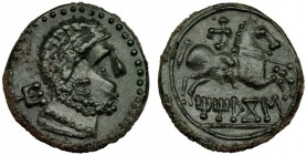 TITIAKOS, Tricio (La Rioja). Unidad. A/ Marca: letra ibérica Ti. R/ Jinete con lanza a der.; TiTiAKoS. AE 8,6. I-2394. CNH-295/10. Pátina verde con pe...
