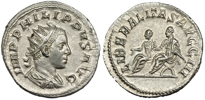 FILIPO II. Antoniniano. Roma (247). R/ Filipo I y Filipo II sentado a a izq. con...