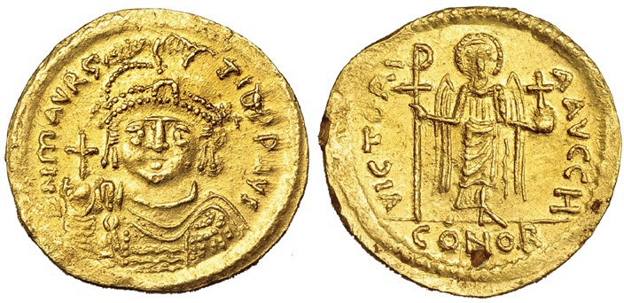 MAURCIO TIBERIO. Sólido. Constantinopla (582-602). Oficina, H. R/ Ángel de frent...