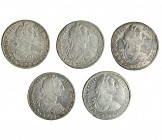 5 monedas de 8 reales. México. 1778, 1784, 1785, 1787 y 1788. De MBC- a EBC-.