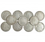 11 monedas de 8 reales. México. 1789, ordinal IV, 1792, 1793, 1796, 1797, 1798, 1800, 1801, 1802, 1803, FT y 1808. MBC-/MBC+.