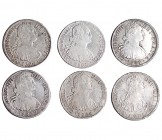 6 monedas de 8 reales. México: 1796, 1800, 1804, 1807 y 1808. Potosí: 1795. MBC-/MBC+.