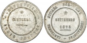 5 pesetas. 1873. Cartagena. Coincidente sobre el eje horizontal. VII-29. Rayitas. EBC-.