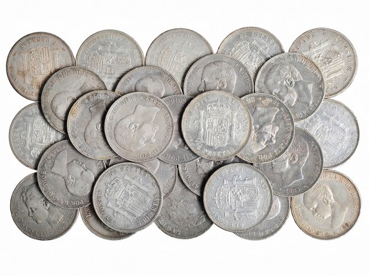 Colección de 30 monedas de 5 pesetas diferentes. 1870-1898. Todas con estrella. ...