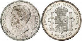 5 pesetas. 1876 *18-76. Madrid. DEM. VII-82. Pequeñas marcas. Ligera pátina. EBC+.