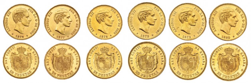 Colección de 6 monedas de 25 pesetas diferentes. 1er. tipo. 1876, 1877, 1878 DEM...
