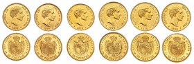 Colección de 6 monedas de 25 pesetas diferentes. 1er. tipo. 1876, 1877, 1878 DEM, 1878 emm, 1879 y 1880. Madrid. Calida media. EBC+.