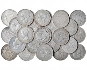 30 monedas de 5 pesetas: 1871 (4), 1875 (3), 1876, 1882 (2), 1883, 1884, 1885 *87 MSM (2), 1887 (3), 1891 (3), 1892 (pelón), 1892 (bucles), 1896, 1898...