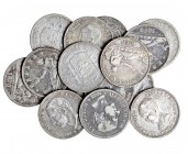 Colección de 15 monedas de 2 pesetas. 1869-1905. Todas diferentes y con estrella, menos las de 1889 y 1894. Incluye 1991 y 1994. MBC-/MBC+.