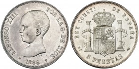 5 pesetas. 1888 *18-88. Madrid. MPM. VII-178. Pequeñas marcas. Ligera pátina. B.O. EBC+.