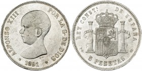 5 pesetas. 1891 *18-91, Madrid, PGM. VII-182. Pequeñas marca. B.O. SC.