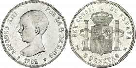 5 pesetas. 1892 *18-92. Madrid. PGM. VII-183. Pequeñas marcas. B. O. EBC+.