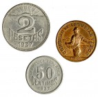 Consejo de Asturias y León. 50 céntimos y 1 y 2 pesetas. 1937. Serie completa de 3 valores. VII-232, 233 y 234. MBC/MBC+.