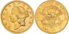 ESTADOS UNIDOS DE NORTEAMÉRICA. 20 dólares. 1861. S. Reverso: PAQUET. KM-93. NGC-AU-53. La Doble Aguila (20 dólares de oro) se fabricó sin interrupció...