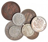 RUSIA. Lote de 8 monedas. 2 kopeks, 1912; 3 kopeks, 1855 y 1915; 15 kopeks, 1908; 20 kopeks, 1913 y 1915; 50 kopeks, 1913 y 1 rublo 1897. MBC/EBC.