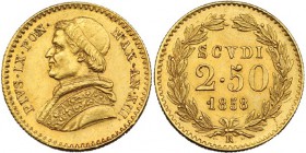 ESTADOS PAPALES. Pío IX. 2’50 escudos. 1858. Año XIII, R. KM-1117. EBC.