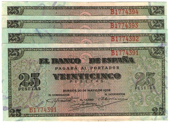 5 billetes de 25 pesetas. 5-1938. Uno serie A en MBC+. Cuatro correlativos serie...