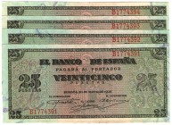 5 billetes de 25 pesetas. 5-1938. Uno serie A en MBC+. Cuatro correlativos serie B en EBC+. ED-D31 y 31a.
