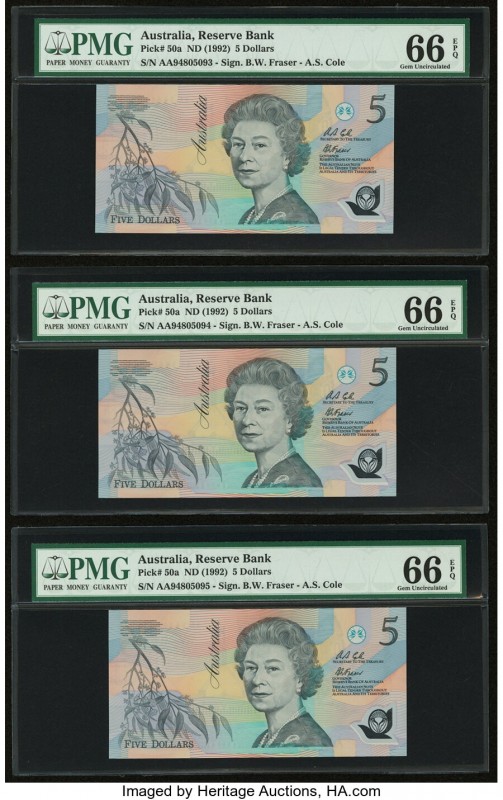 Australia Reserve Bank 5 Dollars ND (1992) Pick 50a Four Consecutive Examples PM...