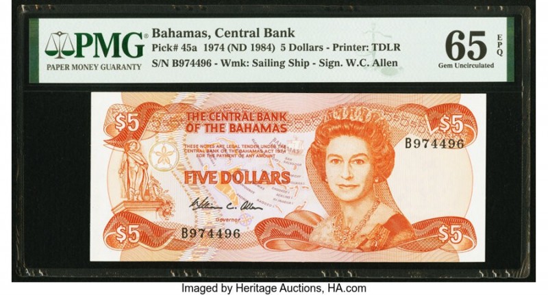 Bahamas Central Bank 5 Dollars 1974 (ND 1984) Pick 45a PMG Gem Uncirculated 65 E...