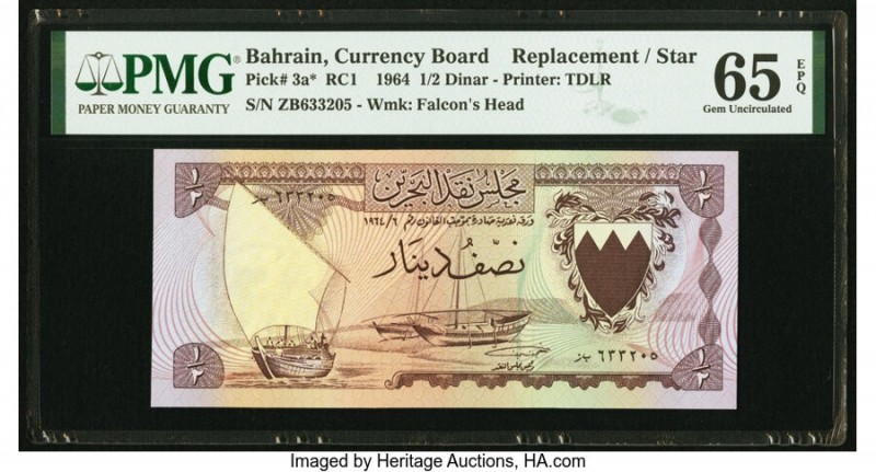 Bahrain Currency Board 1/2 Dinar 1964 Pick 3a* Replacement PMG Gem Uncirculated ...