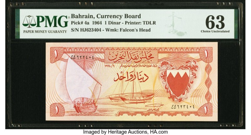 Bahrain Currency Board 1 Dinar 1964 Pick 4a PMG Choice Uncirculated 63. Small te...