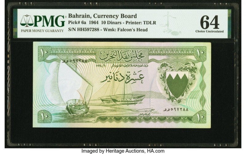 Bahrain Currency Board 10 Dinars 1964 Pick 6a PMG Choice Uncirculated 64. 

HID0...