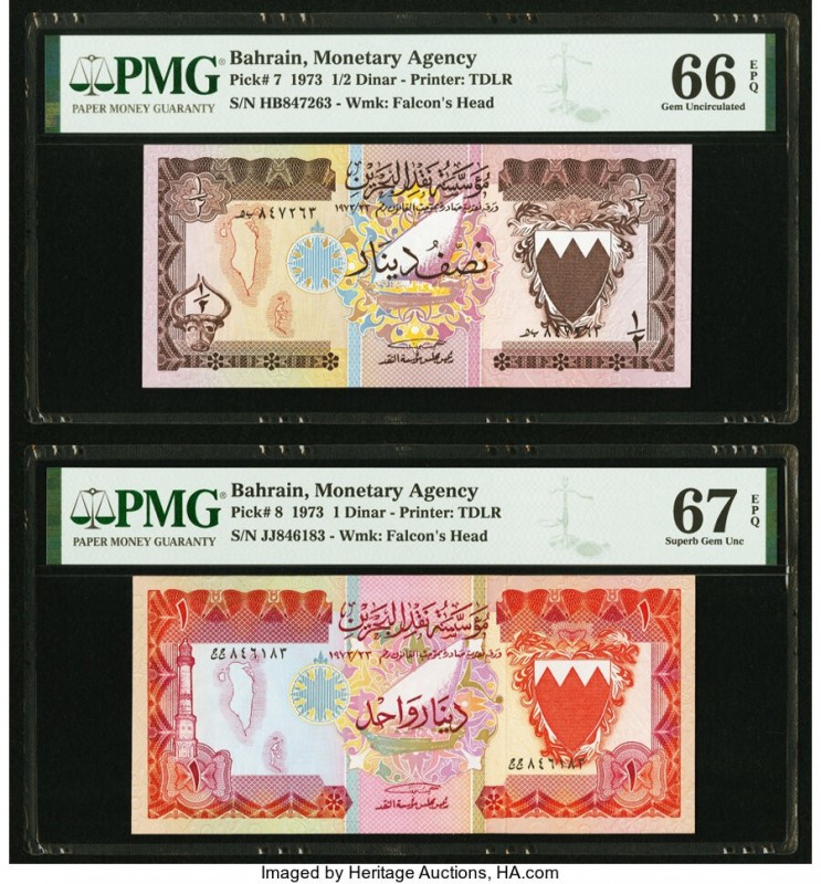 Bahrain Monetary Agency 1/2; 1 Dinar 1973 Pick 7; 8 Two Examples PMG Gem Uncircu...