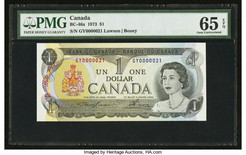 Low Serial Number 21 Canada Bank of Canada $1 1973 BC-46a PMG Gem Uncirculated 6...